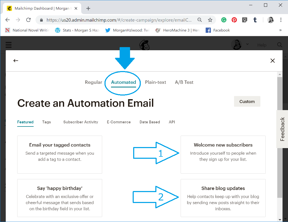 I set up 2 types of Automated emails, a simple confirmation/welcome email, and a weekly blog feed. In this case, I'll be showing the RSS feed, because it's a bit tricker, but the flow is nearly identical. So, select the 'Automated' tab, and then pick your email type.