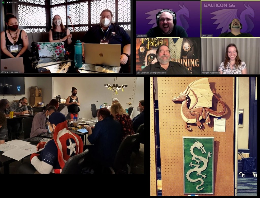 Upper left - screenshot of the Sunday livestream with Doc Coleman, Sako Tumi, and I. Upper Right - screenshot of the zoom panel 'Dynamic Voice Acting' with Max Baskin, Chris Lester, Doc Coleman, and Morgan. Bottom left - a crowd shot of people coloring, including one with a fabric captain america shield. Bottom right - photo of my wood work display from the art show-- a western dragon made of 3 types of wood, and a silver eastern style dragon on a green background.