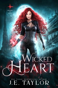 Wicket Heart by J.E. Taylor

A red-headed woman in tight black leathers holds swirling rest (magic?) light in one hand. The moon halos her in front of a night scene of a city.
