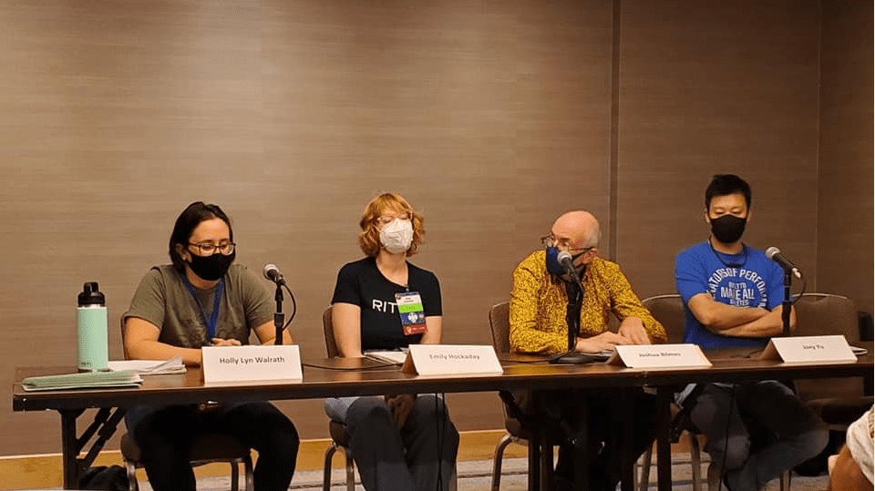 Panelists for Publishing as Collaboration, Holly Lyn Walrath, Emily Hockaday, Joshua Bilmes, and Joey Yu.