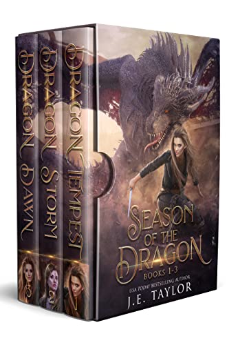 Season of the Dragon Books 1-3 By J.E. Taylor

A brunette with a long dagger dodges in front of a greyish dragon or serpentine monster.
