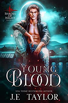 Young Blood by J.E. Taylor

A brunet man sits facing the reader, in jeans and an open black shirt. He may be on a rooftop, with a small village or city outskirts behind him.
