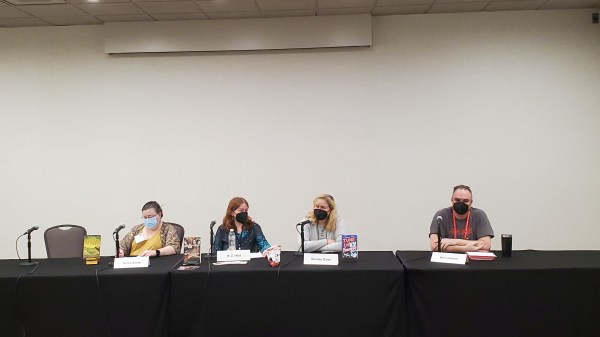 The panelists from left to right, Sarah Avery, Rhiannon Held, Randee Dawn, and Bill Lawhorn.