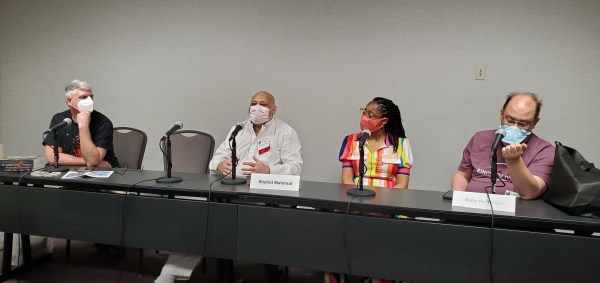 Panelists from left to right, Joshua Palmatier, Shahid Mahmud, Sharin Nicole, and Nate Hoffelder.